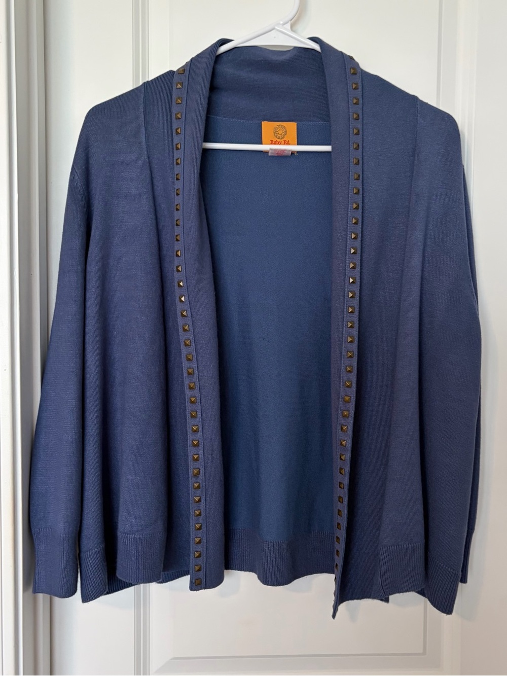 Ruby Rd. Blue Open-Front Cardigan with Gold Pyramid Studs
Size PL